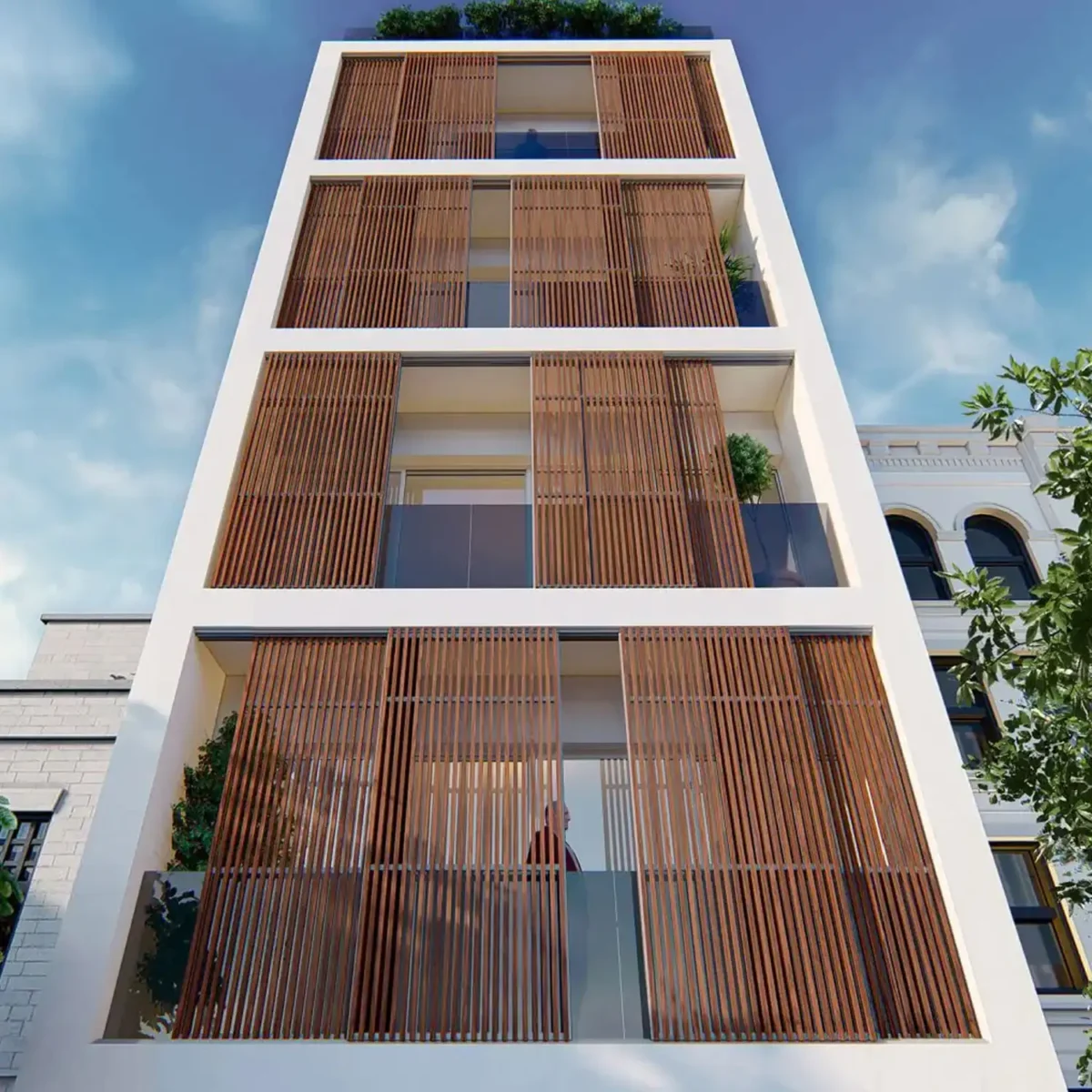 Fachada con listones de madera decorativos